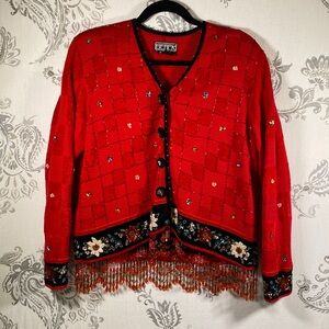 Red Embellished Cardigan Sweater
